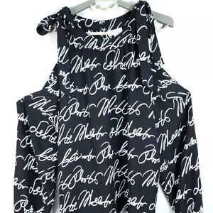 New York & Company Black and White Script Print Open Shoulder Top